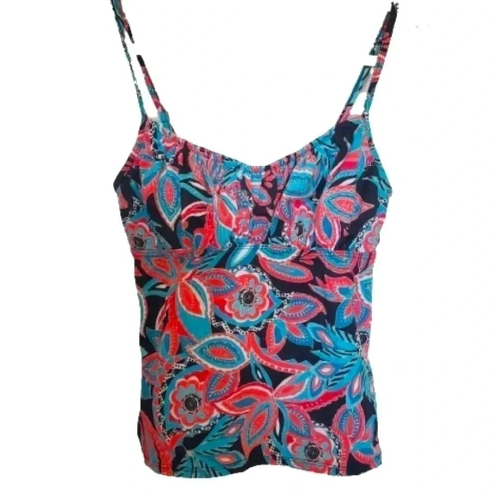 Aqua Green floral print on black tankini top Size Medium
